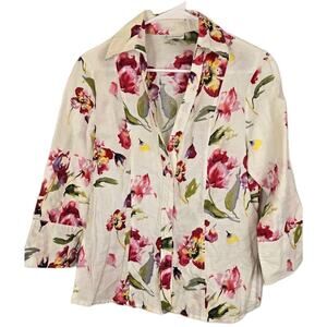 Harve Bernard White Floral Linen Blouse Sz Medium COQUETTE PRINCESS COTTAGECORE